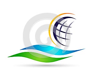 Globe world green sun and sea water wave logo concept symbol icon design vector on white background