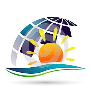 Globe world green sun and sea water wave logo concept symbol icon design vector on white background.