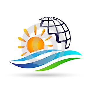 Globe world green sun and sea water wave logo concept symbol icon design vector on white background.