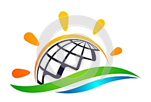 Globe world green sun and sea water wave logo concept symbol icon design vector on white background