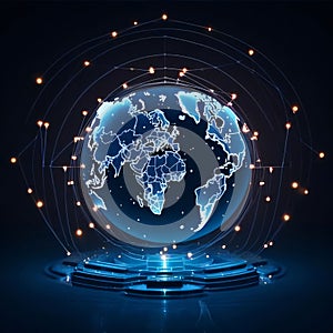 Globe with world map and glowing dots on dark blue background. Vector illustration