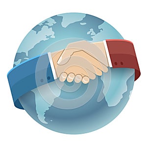 Globe World Map International Partnership Icon Businessman Handshake Symbol Background Isolated Flat Design Vector