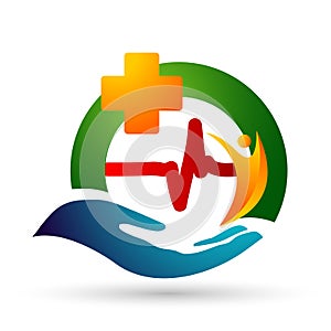 Globe world Medical health heart beat family care clinic people healthy life care logo design icon on white background