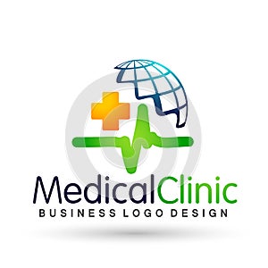 Globe world Medical health heart beat family care clinic people healthy life care logo design icon on white background