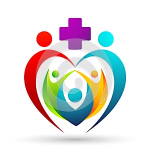 Globe world Medical health heart family care clinic people healthy life care logo design icon on white background