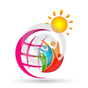 Globe world sun colorful people report wellness together logo icon element concept vector illustrations on white background