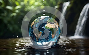 Globe of the world with waterfall and tropical plants background