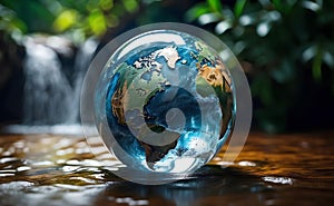 Globe of the world with waterfall and tropical plants background