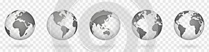 Globes of Earth 3D set. Realistic world map in globe shape. World maps realistic with shadow on transparent background - stock