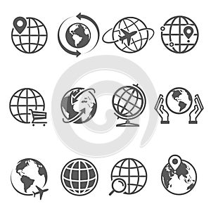 Globes line icons set isolated on white. Location on planet  around world  save Earth pictograms