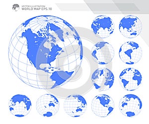 Globes showing earth with all continents. Digital world globe vector. Dotted world map vector.