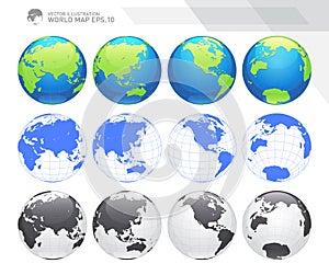 Globes showing earth with all continents. Digital world globe vector. Dotted world map vector.