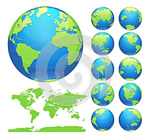 Globes showing earth with all continents. Digital world globe vector. Dotted world map vector.