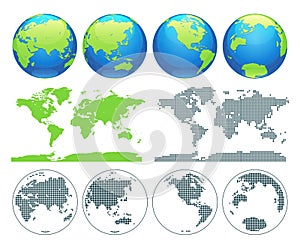 Globes showing earth with all continents. Digital world globe vector. Dotted world map vector.