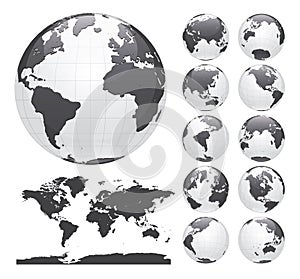 Globes showing earth with all continents. Digital world globe vector. Dotted world map vector.