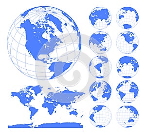 Globes showing earth with all continents. Digital world globe vector. Dotted world map vector.