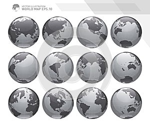 Globes showing earth with all continents. Digital world globe vector. Dotted world map vector.