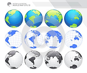 Globes showing earth with all continents. Digital world globe vector. Dotted world map vector.