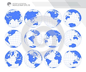 Globes showing earth with all continents. Digital world globe vector. Dotted world map vector.