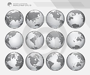 Globes showing earth with all continents. Dotted world globe vector.