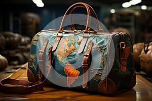 Globetrotter s laundry, travel themed bag adorned with world map print