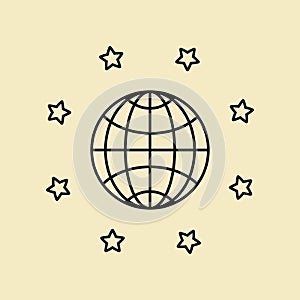 Globo icon with a circle of stars. Outline black image of planet. Light gold background photo