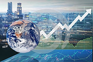 Globolization and International investment show Economics growth index with graph, chart, candlesticks and symbol of arrow up on