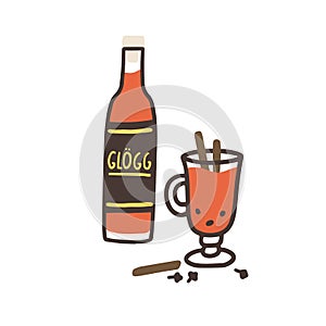 Glogg or Nordic traditional alcoholic drink from wine and winter spices. Bottle and glass of Swedish beverage. Colored photo