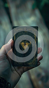 In the gloom, a hand holds an oracle card, love and death intertwined deeply