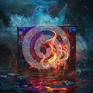 In the gloom, a wallet ignites, colorful digital flames reflecting a troubled journey