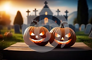 Gloomy and appealing Halloween atmosphere: pumpkins in front of an old castle