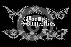 Gloomy Butterflies - vector set - moth Dead Head, mystical symbols. White drawing on a black background.