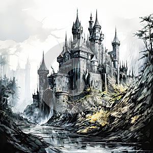 Gloomy castle in watercolor A haunting masterpiece