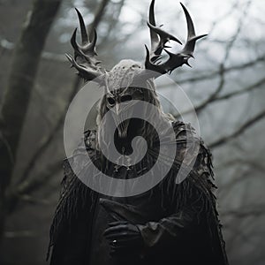 Gloomy Dark Man In Horned Gear: A Cinematic Still Of Nature-inspired Mythology photo