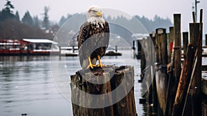 Gloomy Documentary-style Photo Of Bald Eagle On Wooden Pier photo