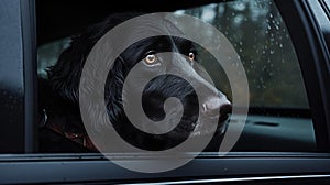 Gloomy Dog looking out car window