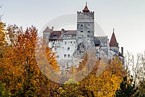 Gloomy Dracula`s castle in autumn in Transylvania, Romania