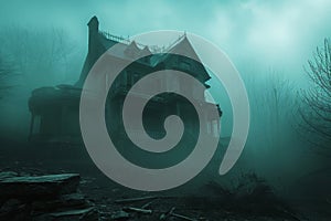 A gloomy and eerie house emerges from the thick fog of a dense forest, Spooky haunted house amid eerie fog, AI Generated