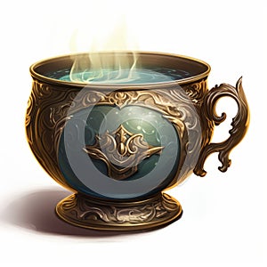 Gloomy Fire Tea Cup: Dark Cyan And Light Bronze 2d Game Art