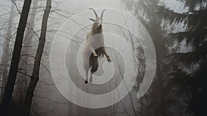 Gloomy Forest Taxidermy: Goat Jumping Through Fog In Wimmelbilder Style