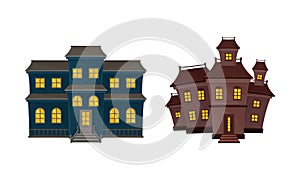 Gloomy Halloween Houses with Scary Shiny Yellow Windows Vector Set