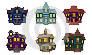 Gloomy Houses with Shiny Yellow Windows Vector Set