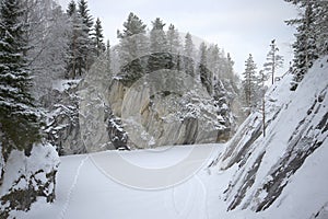 Gloomy january day in marble canyon. Ruskeala, Karelia