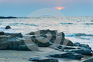 Gloomy landscape seashore at sunset