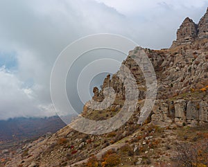 Gloomy landscape in Valley of Ghosts in Crimean peninsula