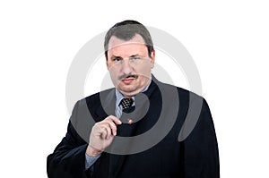 Gloomy man shows communist pin