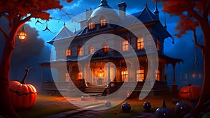A gloomy mansion surrounded by huge black spiders, with a brightly glowing Halloween pumpkin lantern attracting the attention of