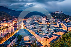 Gloomy morning cityscape of Salzburg, Old City, birthplace of famed composer Mozart.