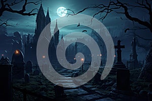 Gloomy Necromancer cemetery dark background. Generate Ai