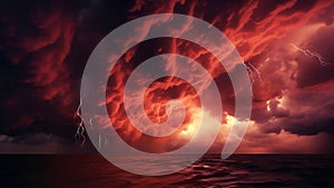 Gloomy, ominous dark red sky with clouds and lightning and a red water.